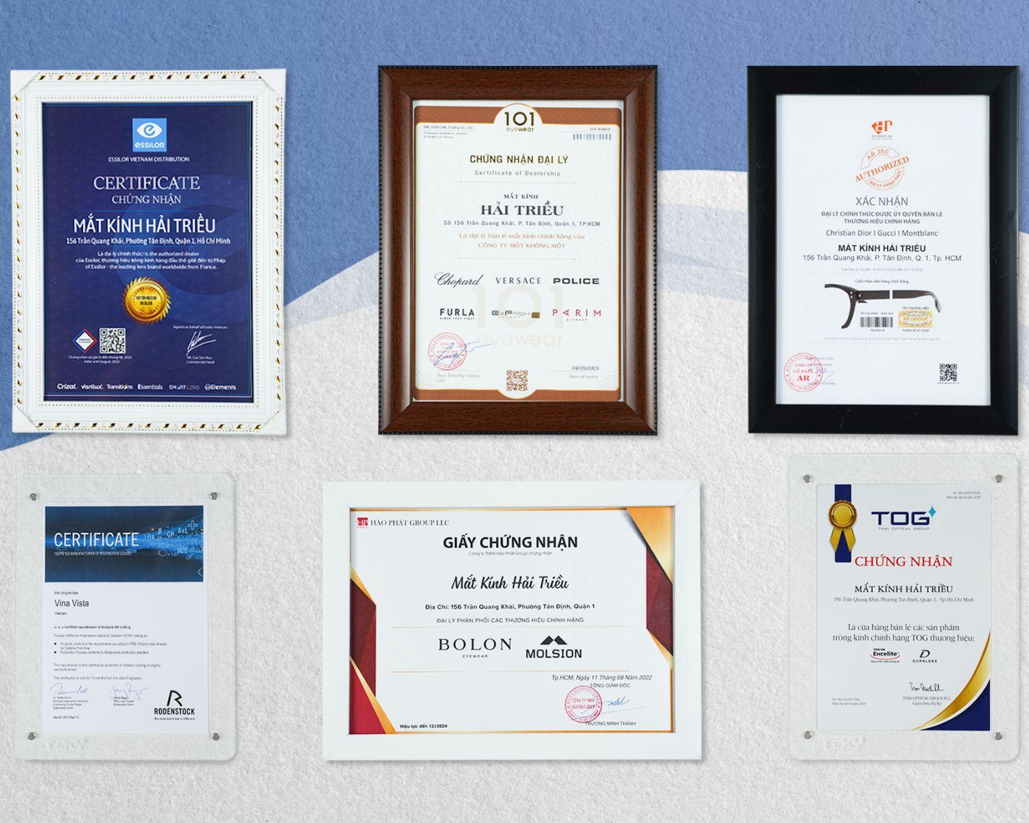 Giấy chứng nhận uỷ quyền từ các hãng mắt kính cao cấp lớn trên toàn thế giới