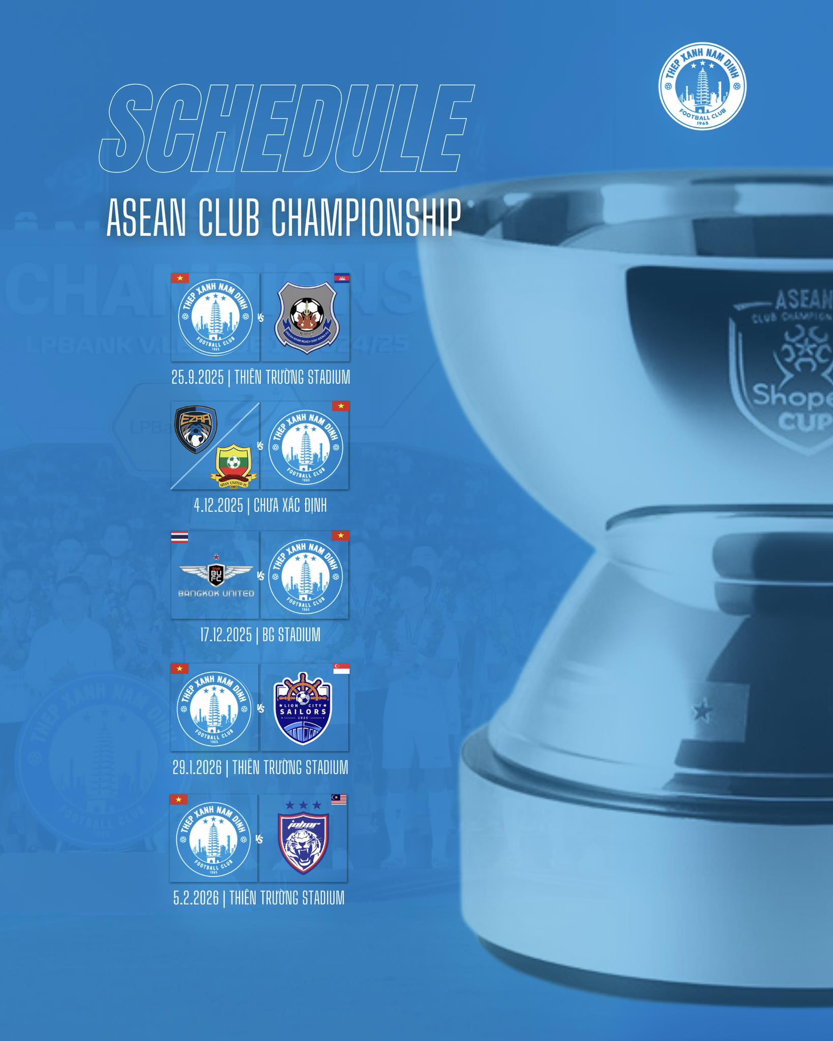 CLB Nam dinh cong bo lich thi dau tai ASEAN Shopee Cup