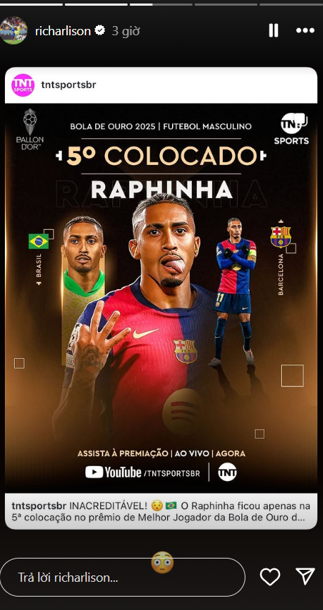 Richarlison không hài lòng về kết quả trao giải Quả bóng vàng 2025 1 Richarlison không hài lòng về kết quả trao giải Quả bóng vàng 2025 1