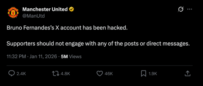 MU xác nhận tài khoản X của  Bruno Fernandes bị hack 2