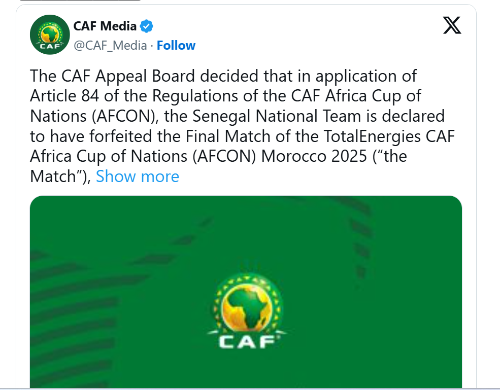 Sốc Senegal bị tước danh hiệu vô địch AFCON, Morocco trở thành nhà vô địch 1