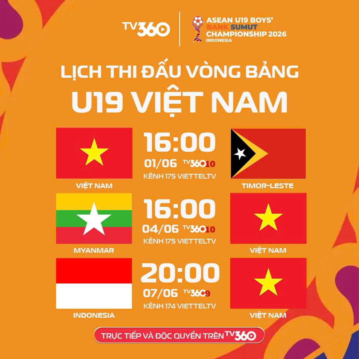 TV360 độc quyền phát sóng giải U19 Đông Nam Á 2026 3