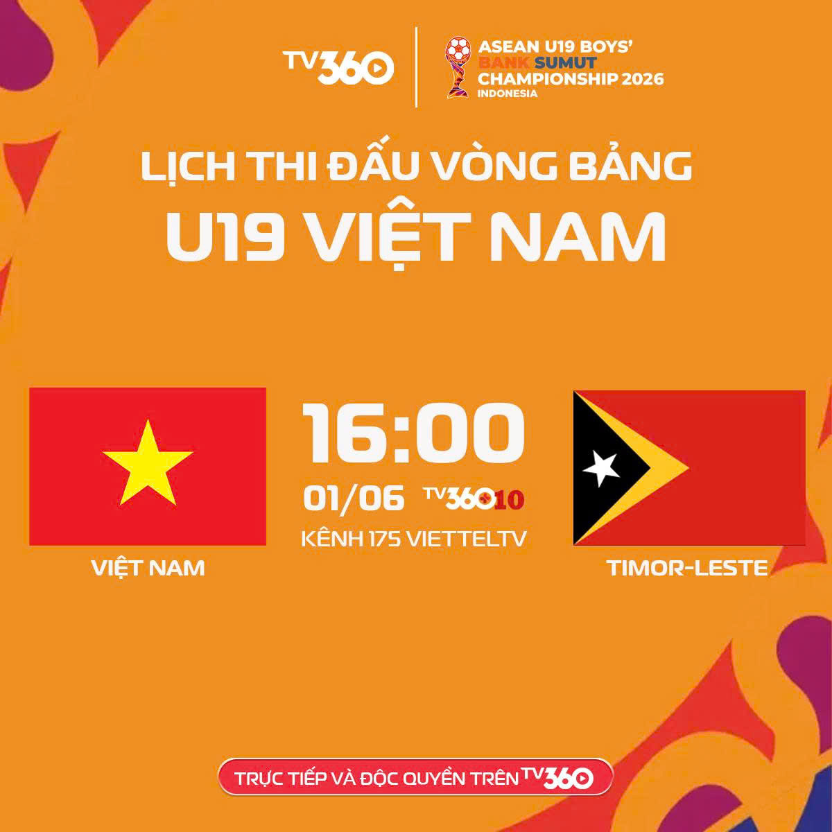 TV360 độc quyền phát sóng giải U19 Đông Nam Á 2026 2