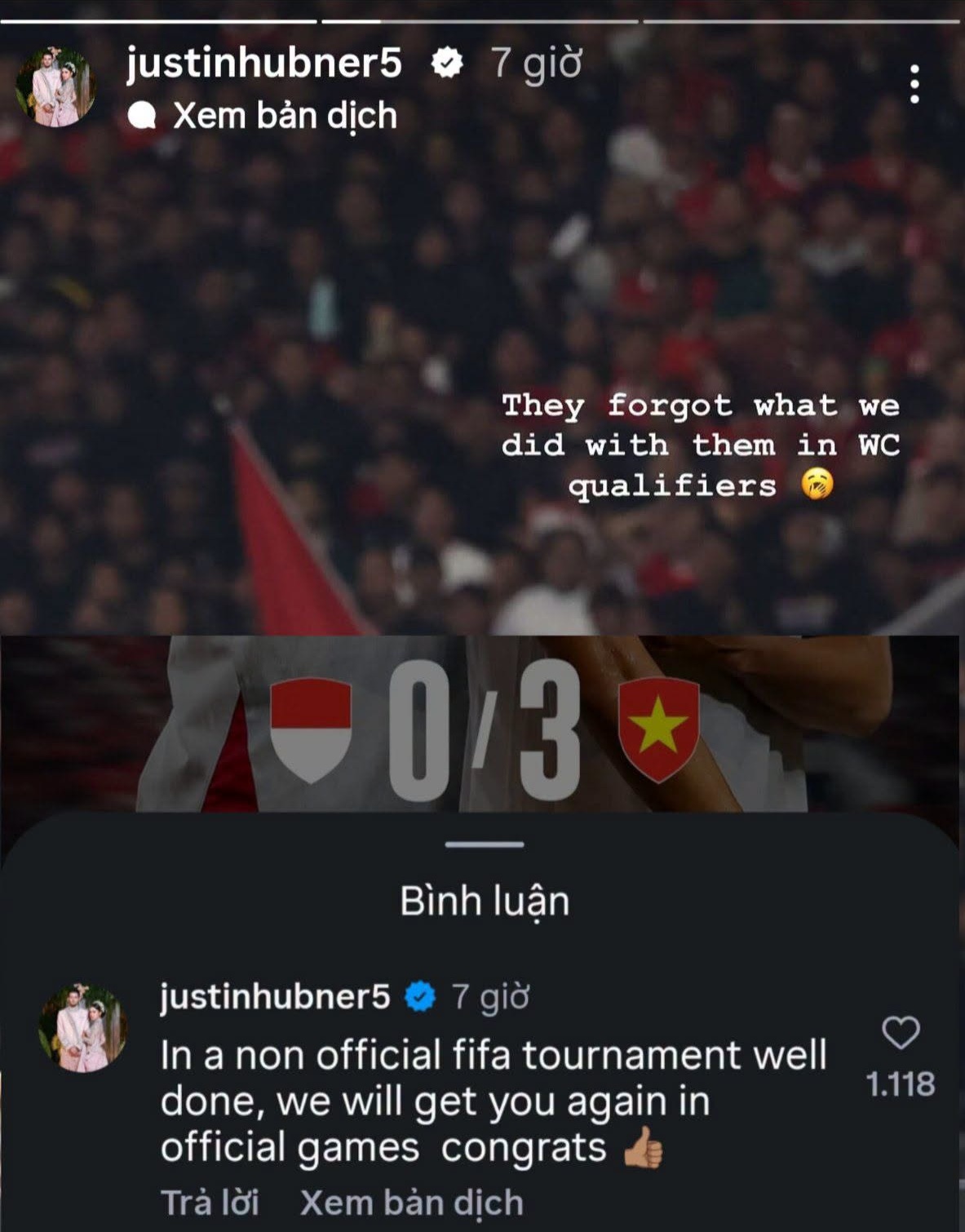 Justin Hubner khiêu khích cổ động viên Việt Nam sau thất bại của Indonesia 1 Justin Hubner khiêu khích cổ động viên Việt Nam sau thất bại của Indonesia 1