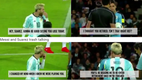 Messi vs Suarez thi tham chuyen gi khi doi dau tren san co hinh anh