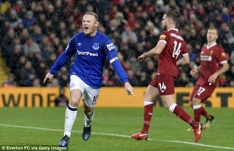 Wayne Rooney an mung nhu dien sau khi ghi ban vao luoi Liverpool.