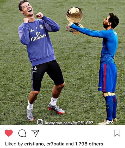 Cris Ronaldo gay tranh cai khi like buc anh che Messi hai tay dang bong vang.