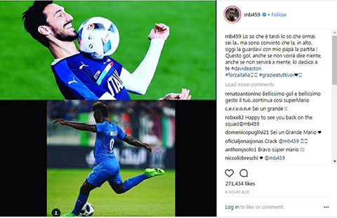 Tiền đạo Balotelli tặng bàn thắng cho cầu thủ quá cố Astori
