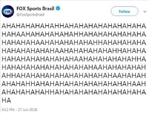 To Fox Sports phien ban Brazil cuoi ha he khi chung kien Duc xep cuoi bang F World Cup 2018. Nguoi Brazil van chua nguoi noi dau that bai 1-7 truoc Duc o ban ket World Cup 2014.