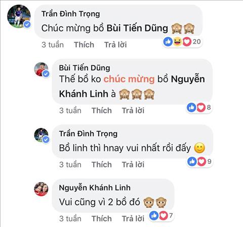 Tran Dinh Trong - cau thu than nhat voi Bui Tien Dung ca tren san co va ngoai doi cung tung de lai binh luan tai trang ca nhan cua Khanh Linh. Ca ba than thiet goi nhau la bo khien cong dong mang thich thu