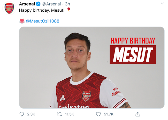 Arsenal mừng sinh nhật Mesut Ozil nhưng đăng ảnh như đưa đám hình ảnh