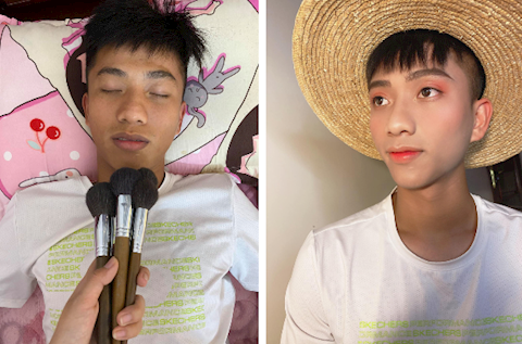 Phan Văn Đức ngoan ngoãn làm mẫu cho vợ tập make-up hình ảnh