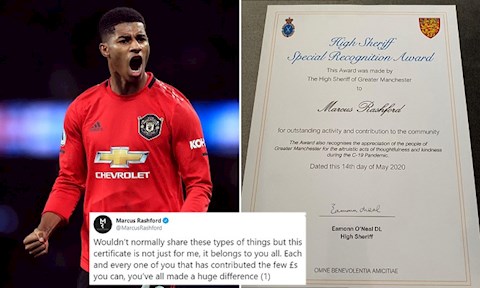 Cảnh sát truỏng Greater Manchester tạng giáy khen cho Rashford