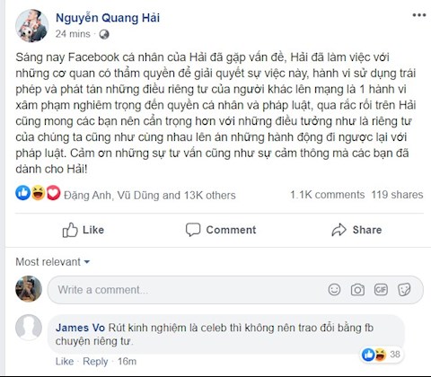 Quang Hải nói gì sau khi bị hack facebook hình ảnh