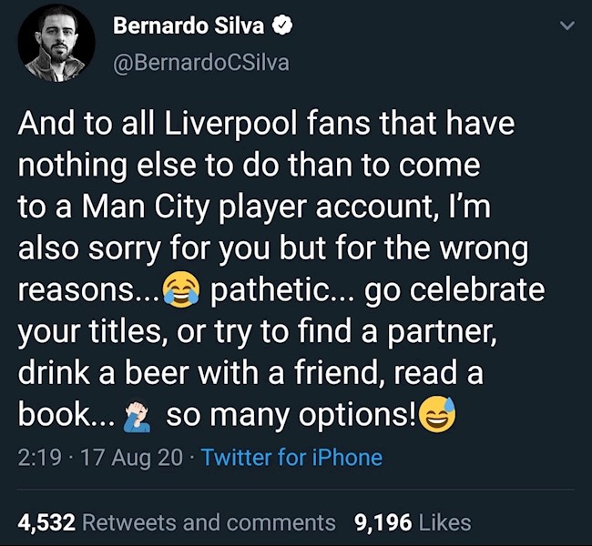  Bernardo Silva đáp trả siêu gắt khi bị fan Liverpool cà khịa hình ảnh