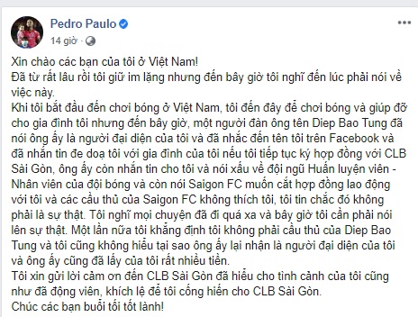 Pedro Paulo bị đe dọa nếu tiếp tục ký hợp đồng với Sài Gòn FC hình ảnh