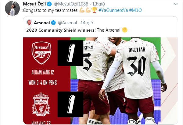 Arsenal giành Siêu cúp, Mesut Ozil phản ứng thế nào?