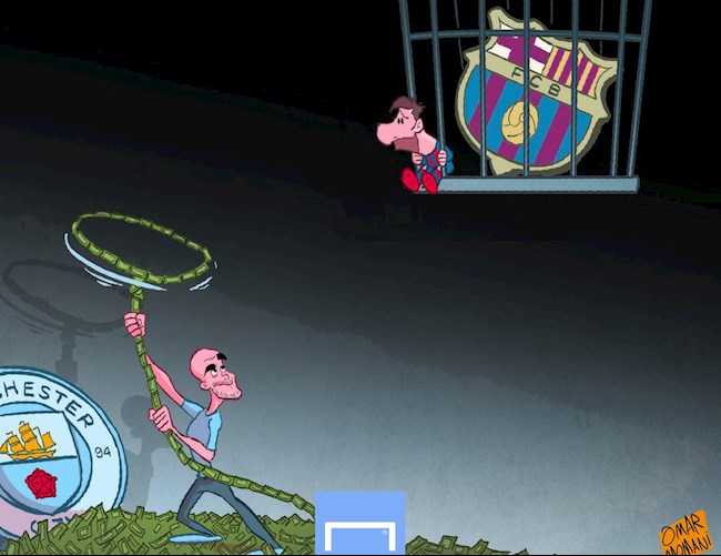 Biếm họa: Lionel Messi bị Pep Guardiola câu về Man City