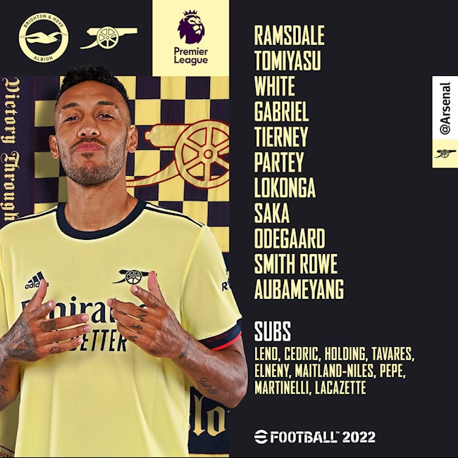 Danh sách xuất phát của Arsenal trước Brighton