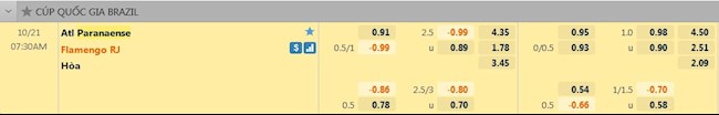 tỷ lệ tài xỉu Paranaense vs Flamengo