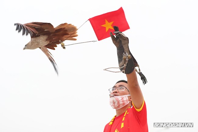 Chú chim ưng mang quốc kỳ Việt Nam được một NHM mang tới sân Mỹ Đình