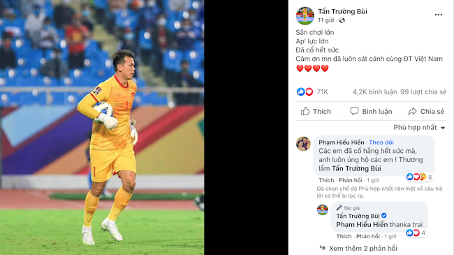 Thủ môn Bùi Tấn Trường bày tỏ sau trận thua của ĐT Việt Nam. Ảnh chụp màn hình