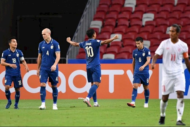 Teerasil (số 10) mừng bàn mở tỷ số vào lưới Myanmar trên sân Quốc gia Singapore ở Kallang tối 11/12. Ảnh: FAT