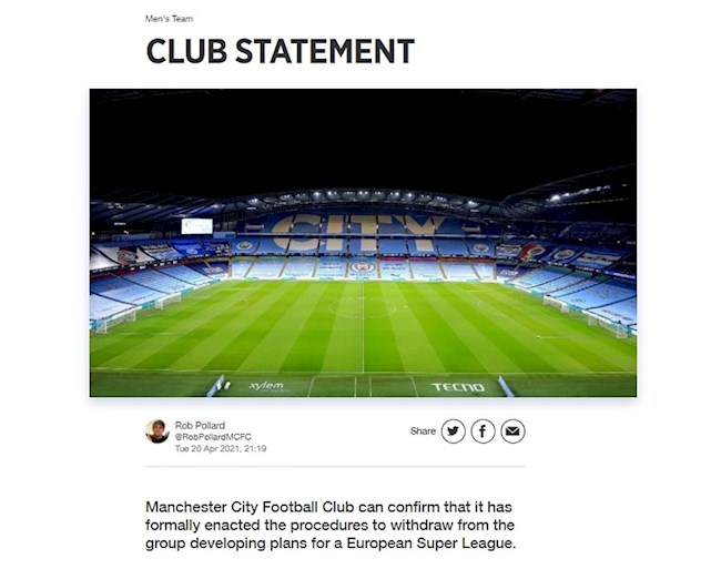 Man City CHÍNH THỨC tuyên bố rút khỏi European Super League hình ảnh