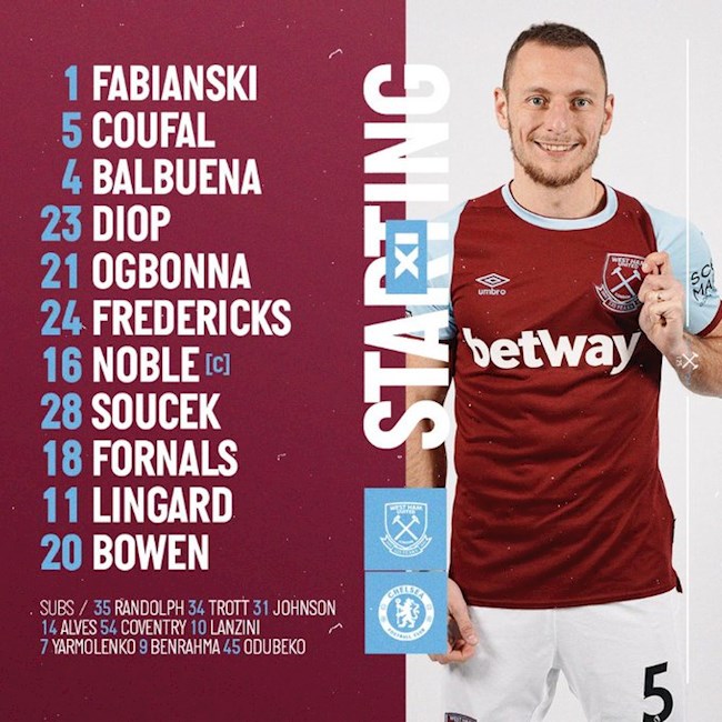 Danh sách xuất phát của West Ham
