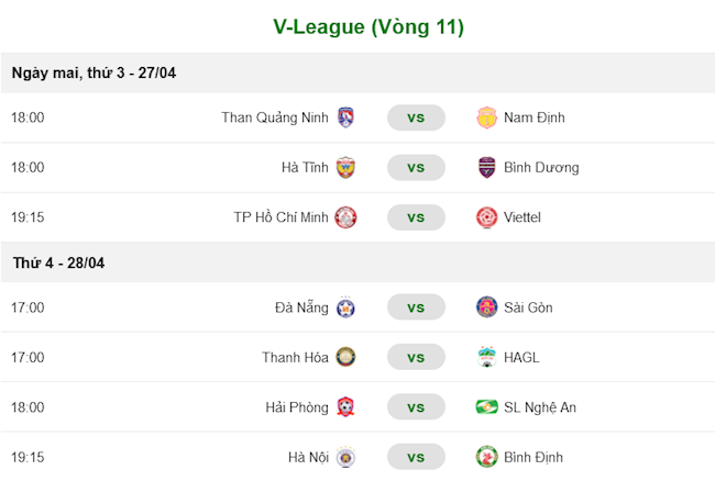 Lịch thi đấu vòng 11 V-League 2021