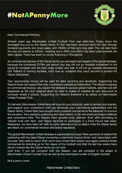 Tâm thư của CĐV MU kêu gọi tẩy chay các nhà tài trợ Tâm thư của CĐV MU kêu gọi tẩy chay các nhà tài trợ