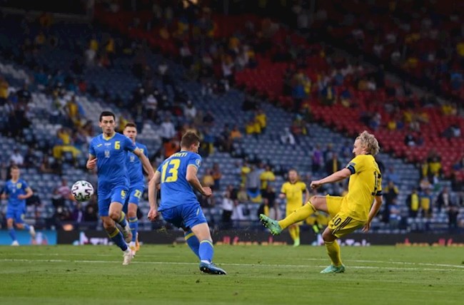 Emil Forsberg 2 lần dứt điểm trúng cột dọc và xà ngang của Ukraine