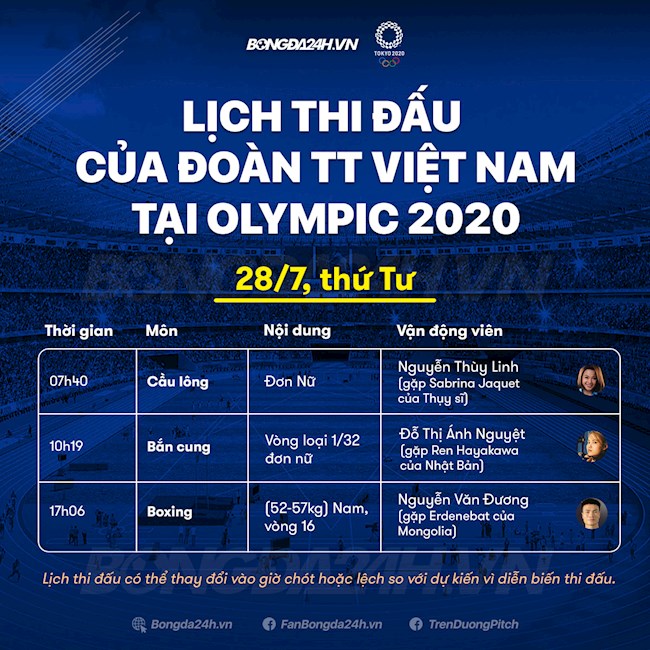 Lịch thi đấu Olympic của Việt Nam hôm nay 28/7 xem trực tiếp kênh nào? lịch thi đấu bắn cung olympic 2021
