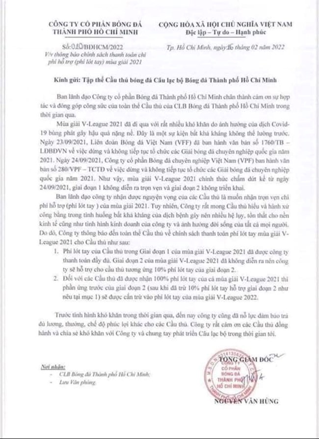 CLB TPHCM ra công văn cắt tiền lót tay cầu thủ ở mùa giải 2021 hình ảnh