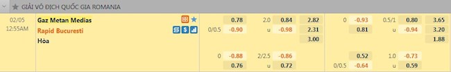 Tỷ lệ trận đấu Gaz Metan Medias vs Rapid Bucuresti