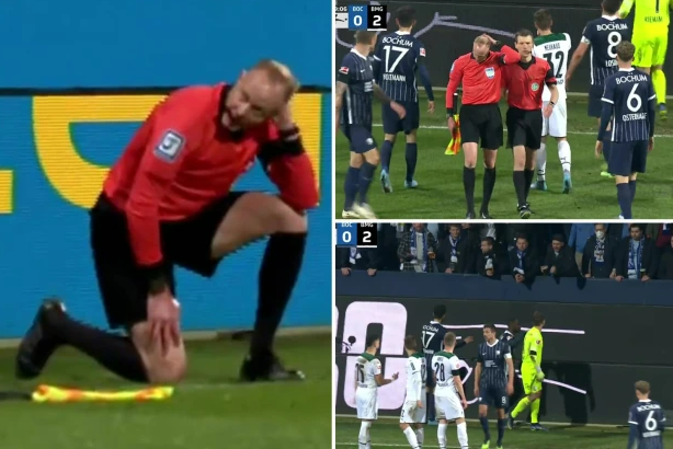 Trận Bochum vs Borussia Monchengladbach bị hoãn do trọng tài bị ném chai bia vào đầu