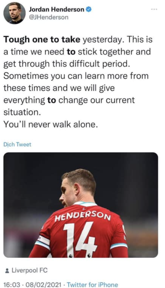 Dòng động viên tinh thần toàn đội của thủ quân Liverpool