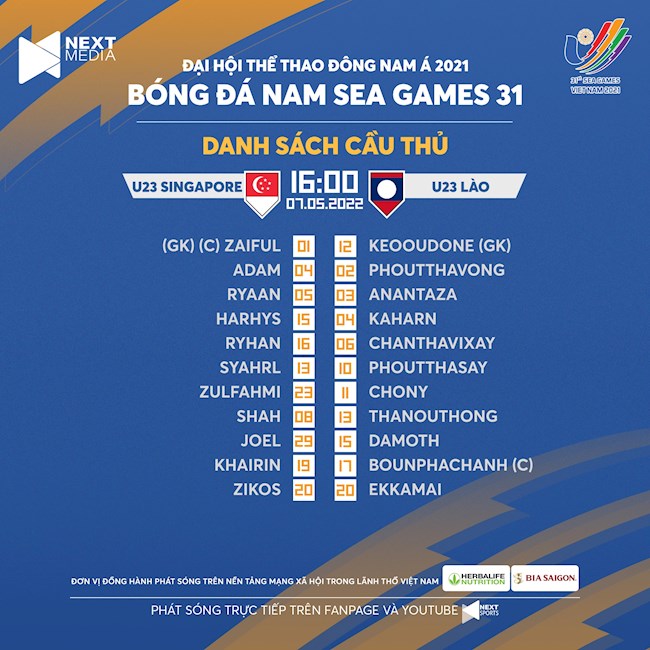 Danh sách xuất phát U23 Singapore vs U23 Lào