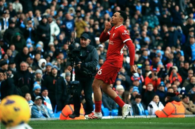 Alexander-Arnold is happy after scoring against Man City