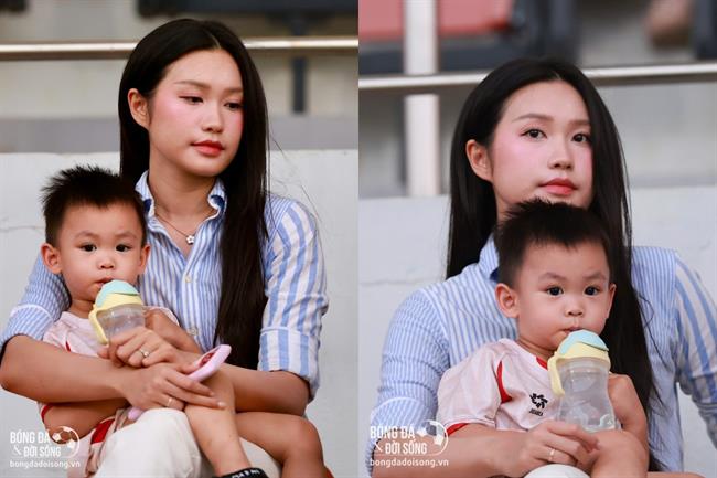 Gạt bão tin đồn, Doãn Hải My bế con trai ra sân tiếp lửa cho Đoàn Văn Hậu